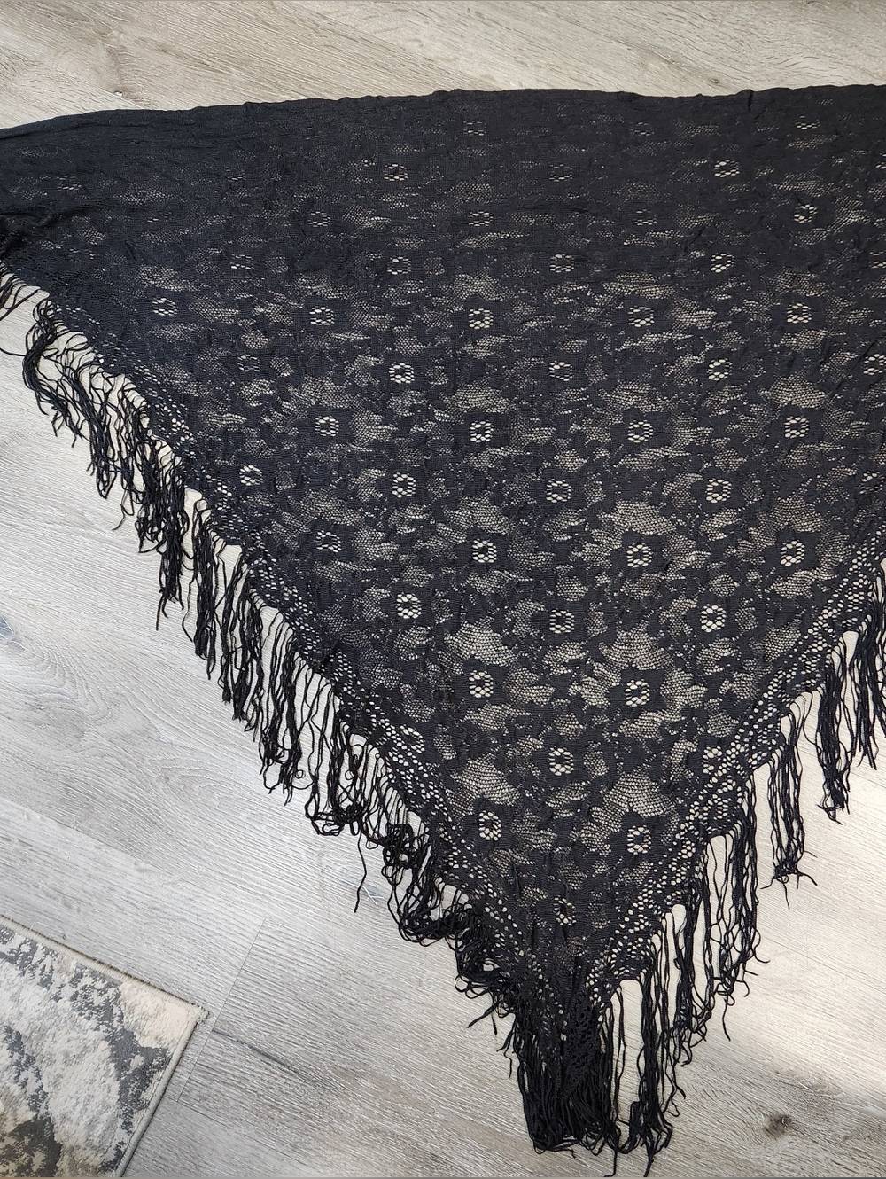 Black Crochet Triangle Shawl Coverup with Fringe